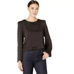 NWT Vince Camuto Women's Black Long Sleeve Hammer Satin Shoulder Pad Blouse XS M